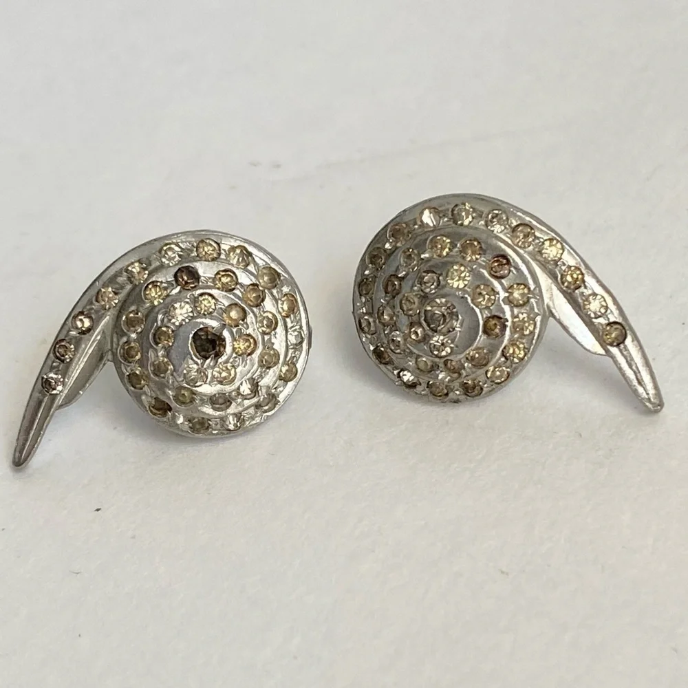 Vintage Art Deco Rhinestone Silver Earrings Swirl Clip‎ On 40s 50s Retro
